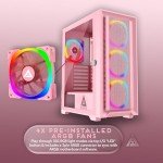 Apevia Inspire-PK Inspire Mid Tower ATX Gaming PC Case w/ 4X 120mm ARGB Fans, 366 RGB Light Modes, 1x Metal Mesh Airflow Front Panel, 1x Door Swivel Style Magnetic Glass Side Panel, 2X USB3.0, Pink