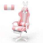 Ferghana Kawaii Bunny Ears Gaming Chair, Cute Gamer Chair with Footrest and Massage, Leather Ergonomic Computer Game Chair for Girls Adults Teens Kids Pink