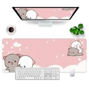 Pink Gaming Mouse Pad Cat Large Mouse Pad Office Desk Accessories XL Funny Desk Mat 31.5x11.8x0.12 inch Cute Desk Pad Kawaii Keyboard Pad (Cute cat -6)