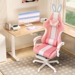 Ferghana Kawaii Bunny Ears Gaming Chair, Cute Gamer Chair with Footrest and Massage, Leather Ergonomic Computer Game Chair for Girls Adults Teens Kids Pink