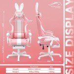 Ferghana Kawaii Bunny Ears Gaming Chair, Cute Gamer Chair with Footrest and Massage, Leather Ergonomic Computer Game Chair for Girls Adults Teens Kids Pink