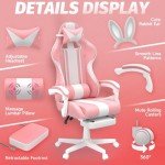 Ferghana Kawaii Bunny Ears Gaming Chair, Cute Gamer Chair with Footrest and Massage, Leather Ergonomic Computer Game Chair for Girls Adults Teens Kids Pink
