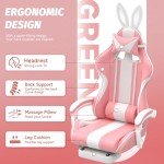 Ferghana Kawaii Bunny Ears Gaming Chair, Cute Gamer Chair with Footrest and Massage, Leather Ergonomic Computer Game Chair for Girls Adults Teens Kids Pink