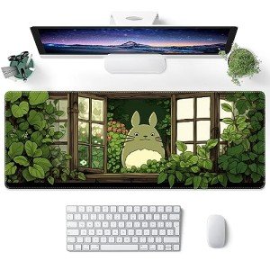 ProbTis Japanese Kawaii Mouse Pad for Desk, Green Mouse Pad, XL Anime Gaming Aesthetic Mousepad, Non-Slip Rubber Base, Cute Extended Desk Accessories for Home Office, 31.5”x11.8” (Plant)