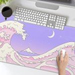 Pink Purple Japanese Anime Gaming Mouse Pad XL Cute Kawaii Aesthetic Sea Wave Extended Large Desk Mat Non-Slip Rubber Base Stitched Edge Long Keyboard Mousepad for PC Computer Laptop,31.5×11.8 in