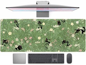 Cute Green Leaves Pink Flowers Mouse Pad Desk Pad Kawaii Anime Cat Desktop Protector Decor Desk Mat, XL Large Gaming Mousepad for Girl Women Laptop Computer Keyboard and Mouse Mat 31.5x11.8 in