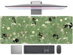 Cute Green Leaves Pink Flowers Mouse Pad Desk Pad Kawaii Anime Cat Desktop Protector Decor Desk Mat, XL Large Gaming Mousepad for Girl Women Laptop Computer Keyboard and Mouse Mat 31.5x11.8 in