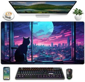 Cool Purple Kawaii Anime Moom Cat Desk Mat XXL Large Gaming Mouse Pad, Cute City Cats Desk Pad for Gamer Girl Women Office Desk Decor Mousepad, Computer Laptop Keyboard and Mouse Mat 31.5x15.75 in