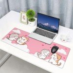 Pink Cute Mouse Pad, Extended XL Kawaii Cat Mousepad, Large Office Desk Mat, Non-Slip Stitched Edge