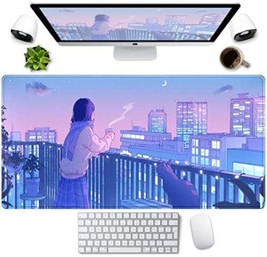 Purple Anime Kawaii Desk Mat Mousepad Cute Cat XXL Large Gaming Japanese Girly Aesthetic Mouse Pad Tokyo Street Desk Mat 31.5x15.75 in, Girl Gamer Desktop Mat Computer Laptop Keyboard Mouse Mat