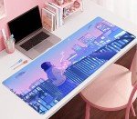 Purple Anime Kawaii Desk Mat Mousepad Cute Cat XXL Large Gaming Japanese Girly Aesthetic Mouse Pad Tokyo Street Desk Mat 31.5x15.75 in, Girl Gamer Desktop Mat Computer Laptop Keyboard Mouse Mat