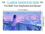 Purple Anime Kawaii Desk Mat Mousepad Cute Cat XXL Large Gaming Japanese Girly Aesthetic Mouse Pad Tokyo Street Desk Mat 31.5x15.75 in, Girl Gamer Desktop Mat Computer Laptop Keyboard Mouse Mat
