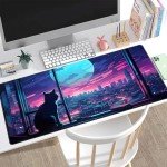 Cool Purple Kawaii Anime Moom Cat Desk Mat XXL Large Gaming Mouse Pad, Cute City Cats Desk Pad for Gamer Girl Women Office Desk Decor Mousepad, Computer Laptop Keyboard and Mouse Mat 31.5x15.75 in