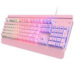 Pink Creamy Keyboard, 104 Keys All-Metal Panel, Rainbow LED Backlit Silent Gaming Keyboard, Wrist Rest, PBT Keycap, Anti-ghosting Keys, Light Up USB Wired Computer Keyboard for PC