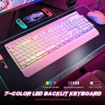 Pink Creamy Keyboard, 104 Keys All-Metal Panel, Rainbow LED Backlit Silent Gaming Keyboard, Wrist Rest, PBT Keycap, Anti-ghosting Keys, Light Up USB Wired Computer Keyboard for PC