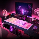 Pink Creamy Keyboard, 104 Keys All-Metal Panel, Rainbow LED Backlit Silent Gaming Keyboard, Wrist Rest, PBT Keycap, Anti-ghosting Keys, Light Up USB Wired Computer Keyboard for PC