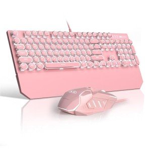 Retro Pink Typewriter-Style Keyboard and Mouse Combo, Cute Light Up Wired Mechanical Keyboard With Linear Red Switches, Full Size for Gaming, Work, Mac, PC, Windows