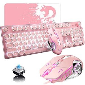 Pink Typewriter Keyboard and Mouse,Retro Vintage Mechanical Gaming Keyboard with White LED Backlit,104 Keys Anti-Ghosting Blue Switch Wired Cute Keyboard,Round Keycaps for Desktop PC/Laptop Mac