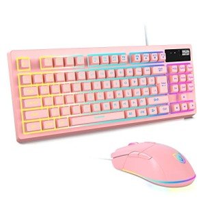 RGB Pink Gaming Keyboard and Mouse Combo,87 Keys Wired Backlit Mechanical Feeling with 7200 DPI Set for PC MAC PS4 Xbox Laptop
