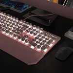 MageGee Typewriter Mechanical Gaming Keyboard, Retro Pink Punk Round Keycaps LED White Backlit Wired Keyboards with Detachable Wrist Rest for Game and Office, for Windows Laptop PC Mac - Blue Switches