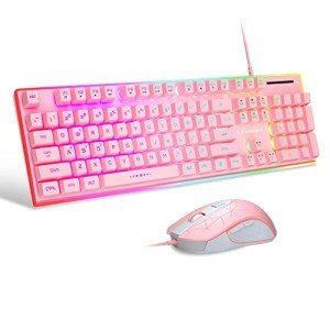 MageGee GT838 Gaming Keyboard and Mouse Combo, 104 Keys RGB Backlit Quiet Wired Keyboards for Laptop PC MAC, with Number Pad, Metal Panel, Anti-Ghosting, Pink