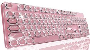 EWEADN TK950 Typewriter Keyboard Wireless Mechanical Keyboard, 104 Keys Aesthetic Typewriter Keyboard with White Backlit, Anti-Ghosting, Blue Switch Bluetooth/2.4GHz/USB-C Wired Cute keyboard-Pink