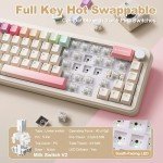 YUNZII B68 Wireless Mechanical Keyboard,Tri-Mode BT5.0/2.4GHz/USB-C,Cute PBT Keycaps,Hot Swappable Creamy Typing Gasket Mounted,RGB Backlit NKRO for Win/Mac (Beige, Milk V2 Switch)