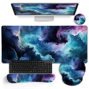 LIMKRIAN Galaxy Mouse Pad Set Large Desk Matt for Desktop, Ergonomic Mouse Pad with Wrist Rest for Desk, Gaming Mouse Pad Wrist Support Keyboard Mat Cup Coaster Set Cute Office Desk Decor Accessories