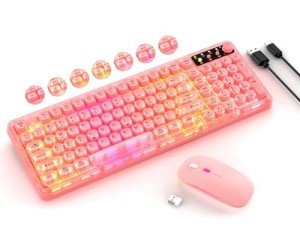 Pink Light Up Keyboard and Mouse Wireless,Cute 2.4Ghz Cordless Rechargeable Transparent Backlit Keyboard,15 Backlight Effects,Volume Knob,RGB Mouse with 3 DPI for Mac Computer PC Laptop Desktop iPad