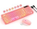 Pink Light Up Keyboard and Mouse Wireless,Cute 2.4Ghz Cordless Rechargeable Transparent Backlit Keyboard,15 Backlight Effects,Volume Knob,RGB Mouse with 3 DPI for Mac Computer PC Laptop Desktop iPad