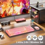 Pink Light Up Keyboard and Mouse Wireless,Cute 2.4Ghz Cordless Rechargeable Transparent Backlit Keyboard,15 Backlight Effects,Volume Knob,RGB Mouse with 3 DPI for Mac Computer PC Laptop Desktop iPad