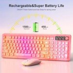 Pink Light Up Keyboard and Mouse Wireless,Cute 2.4Ghz Cordless Rechargeable Transparent Backlit Keyboard,15 Backlight Effects,Volume Knob,RGB Mouse with 3 DPI for Mac Computer PC Laptop Desktop iPad