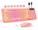 Pink Light Up Keyboard and Mouse Wireless,Cute 2.4Ghz Cordless Rechargeable Transparent Backlit Keyboard,15 Backlight Effects,Volume Knob,RGB Mouse with 3 DPI for Mac Computer PC Laptop Desktop iPad