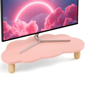 AFOOYO Monitor Stand Riser,Cloud-Shaped Sturdy Wood Computer Monitor Riser, Laptop Monitor Stand, Multi-Purpose Desktop Organizer Riser for Computer, Laptop, Printer, TV,Pink