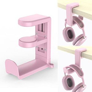 Rotating Headphone Stand - EURPMASK PC Gaming Headset Stand, Adjustable Clamp-on Headphone Holder, Headphone Hanger Hook Under Desk with 360 Degree Swivel&Cable Clip Organizer - Pink