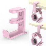 Rotating Headphone Stand - EURPMASK PC Gaming Headset Stand, Adjustable Clamp-on Headphone Holder, Headphone Hanger Hook Under Desk with 360 Degree Swivel&Cable Clip Organizer - Pink
