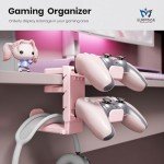 3-in-1 PC Gaming Headset&Controller Holder - EURPMASK Headphone Stand w/Adjustable Clamp&2 Controller Holder&Rotating Arm&Cable Organizer, Universal PC Gaming Accessory Controller Headset Stand-Pink