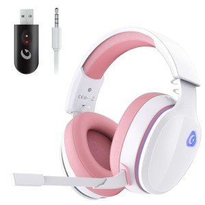 Gtheos 2.4GHz Wireless Gaming Headset for PS5, PS4 Fortnite & FPS Gamers, PC, Nintendo Switch, Bluetooth 5.3 Gaming Headphones with Noise Canceling Mic, Stereo Sound, 40+Hr Battery (Pink)