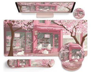 LIMKRIAN Anime Cat Mouse Pad Set, XXL Gaming Mouse Pad with Wrist Rest, Keyboard Mat, Cat Coaster, Cute Office Desk Decor Accessories, Pink Lycra