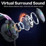 ONITOON Gaming Headset with Microphone, Cat Ear Headphones for PC Laptop PS4 PS5 Xbox Switch, Rainbow RGB Lighting & Virtual Surround Sound, 3.5mm Wired Over Ear Headphones, Ergonomic