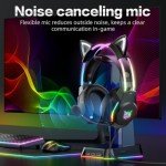 ONITOON Gaming Headset with Microphone, Cat Ear Headphones for PC Laptop PS4 PS5 Xbox Switch, Rainbow RGB Lighting & Virtual Surround Sound, 3.5mm Wired Over Ear Headphones, Ergonomic
