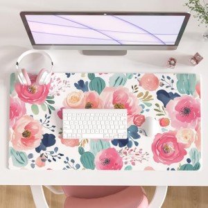 Colorful Star Large Mouse Pad, Pink Floral Desk Mat for Desktop, Women Girls PU Leather Waterproof Desk Pad, Computer PC Laptop Protector Gaming Writing Pads for School Office Home 31.5" x 15.7"