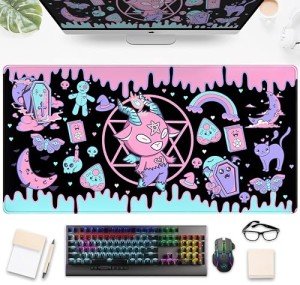 Cute Pastel Goth Desk Mat Kawaii Japanese XXL Extra Large Extended Desk Pad Gaming Mouse Pad, Anime Computer Laptop Mat Keyboard and Mouse Mat for Women Office Desk Decor Gamer Gift 31.5"x15.75"