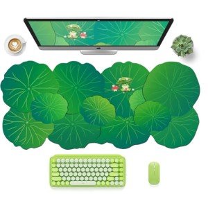 HAOCOO Cute Frog Desk Mat, Large Mouse Pad for Desktop, Green Desk Matt with Stitched Edge, Kawaii Office Mat (35.4" 15.7")