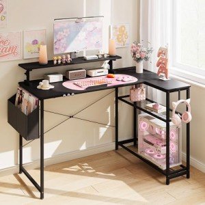 Dowinx L-Shaped Gaming Desk Cute with Cat Accessories, Built-in Power Outlet, Monitor Shelf, and Side Storage – Sturdy Metal Frame for Gamers and Home Office, 43-Inch, Black&Pink
