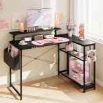 Dowinx L-Shaped Gaming Desk Cute with Cat Accessories, Built-in Power Outlet, Monitor Shelf, and Side Storage – Sturdy Metal Frame for Gamers and Home Office, 43-Inch, Black&Pink