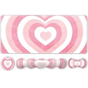 iLeadon Keyboard Mouse Pad Set, Large Gaming Mouse Pad + Keyboard Wrist Rest + Mouse Pad with Wrist Support + Coaster, Easy Typing Pain Relief, Desk Mat Set, Valentines Day Gifts for Her, Pink Heart
