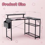 Dowinx L-Shaped Gaming Desk Cute with Cat Accessories, Built-in Power Outlet, Monitor Shelf, and Side Storage – Sturdy Metal Frame for Gamers and Home Office, 43-Inch, Black&Pink