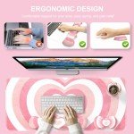 iLeadon Keyboard Mouse Pad Set, Large Gaming Mouse Pad + Keyboard Wrist Rest + Mouse Pad with Wrist Support + Coaster, Easy Typing Pain Relief, Desk Mat Set, Valentines Day Gifts for Her, Pink Heart