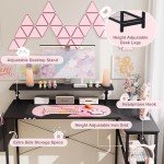 Dowinx L-Shaped Gaming Desk Cute with Cat Accessories, Built-in Power Outlet, Monitor Shelf, and Side Storage – Sturdy Metal Frame for Gamers and Home Office, 43-Inch, Black&Pink